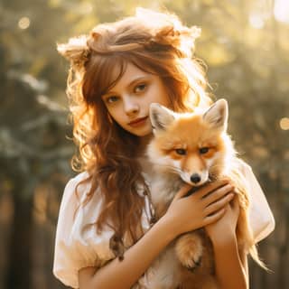 a girl is holding a golden fox with an orange tail in the style of fairy academia light beige and brown photo taken with