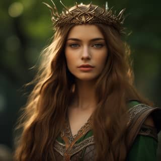 girl with long straight light brown hair and an ornate elven crown on her head In her hand is an elven bow She wears green