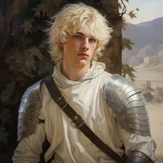 handsome teenage knight with white blond hair full body image