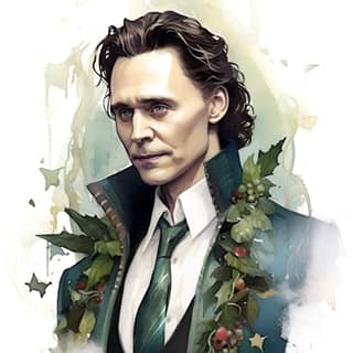 illustration of Tom Hiddleston as Christmas Loki dark hair Thor Ragnarok look holly handsome watercolor