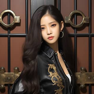 kim jisoo poses outside a door in the style of dark black and silver sui dynasty streaked cartelcore bright luster made of