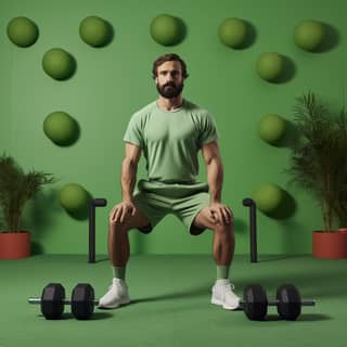 Seorang pria dalam seragam olahraga hijau berlatih dengan dumbbell di lingkungan minimalis modern.