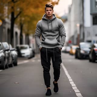 men wearing grey hoodie and black sweaterpants streetwear fitness, in a grey hoodie and black pants walking down a street