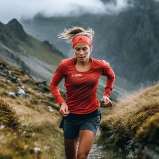 Seorang wanita muda sedang berlari di sebuah jalur di pegunungan mengenakan pakaian lari trail berwarna merah.