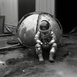 a photo by henri cartier-bresson spacesuit, an astronaut sitting in a large metal sphere