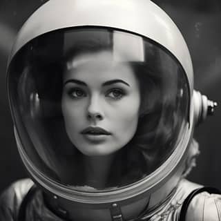 a photo by herbert robinson woman spacesuit, in an astronaut helmet