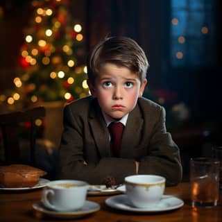 a sad boy at the christmas dinner table wearing a tie a bowl of soup in front of him