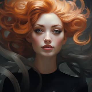 with spirals in her head is dressed in a black dress in the style of sam spratt ethereal dreamscapes light use of color