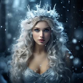 the most Beautiful snow queen fantasy magic fae, woman with long blonde hair wearing a crown