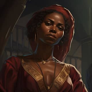 Epic Fantasy Middle Aged African female scholar in her mid-forties with a sly expression speaks with a captive in the dungeon