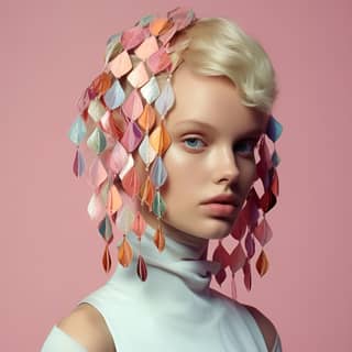 Ukrainisches Model trägt weiche Pastellstoffe und einzigartigen Avantgarde-Schmuck mit einem strengen Blick, vor einem schlichten taupefarbenen Hintergrund, inspiriert von Wes Anderson.