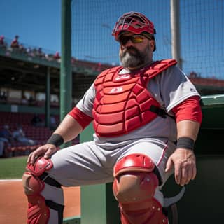 Nick Offerman, un hombre grande, fuerte, de 320 libras y 56 años, vistiendo un uniforme de béisbol de los Red Sox y equipo de receptor, sentado en un banco en un campo de béisbol.