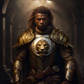 The armor that the man is wearing in this image should have a golden lion on the chest plate