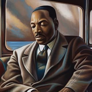 Using the art style of Ernie Barnes show Dr Martin Luther King Jr deep in thought about how to bring about peace during a