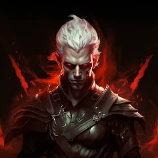 as a devil with red skin and red eyes male blond long elf ears fiery wings