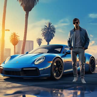 a baldur’s photo as a gta 6 trailer poster, standing next to a blue sports car