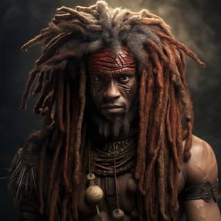 beastman half lion half man fluffy ears poking out of reddish brown dreadlocks dark skinned