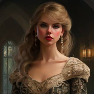 a character based on Taylor Swift celebrating at a gala in an intriguing fantasy kingdom that is reminiscent of Italian