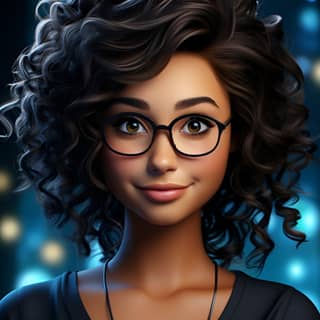 Crear un avatar de una mujer de raza mixta, genial, inteligente y divertida con lentes y una camiseta negra.