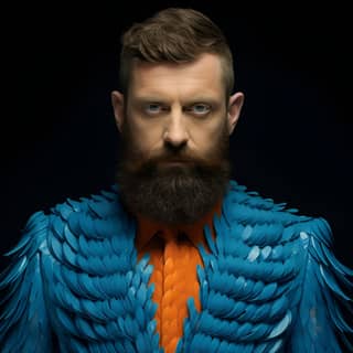 Un uomo con la barba che indossa un completo blu, ricorda lo stile di Iris Van Herpen e Dino Valls.