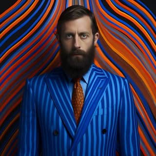 with eyes and beard in a blue suit on orange in the style of iris van herpen emerald lois greenfield saturated stripes dino