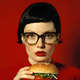 with glasses holding a hamburger in the style of webcam photography anne truitt distinctive noses life in new york city