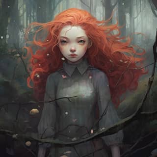 hyper Digital illustration a friendly laughing redhaired 46 year old witch walking through a dark haunted forest fateful