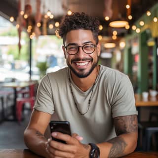 latino male smiling at camera with phone in his hand