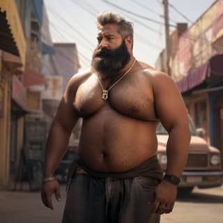 muscle fat Indian male big beard hairy chest dad body daddy big belly standing in the street wearing a crop top ultra realism