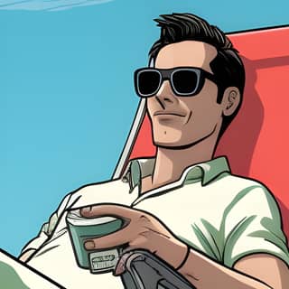 a novel James and the Quiet Beach existential cartoon, in sunglasses sitting in a lawn chair on the beach