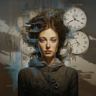 past present future in the same person, with many clocks on her head
