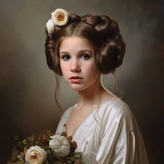 photorealistic young princess leia played by carrie fisher, a portrait of girl with flowers in her hair
