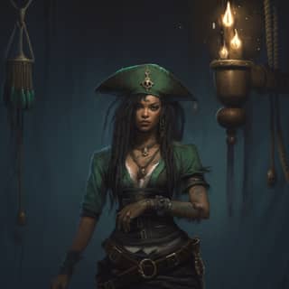 pirate queen green clothes black skin tattoos jewelry emeralds intense facial expression