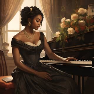 a romanticism style black woman during the regency era lounging at a piano forte staring whimsically in a foyer with