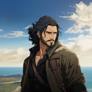 snake from vinland saga in modern clothing black hair, anime character with long hair and beard standing on a hill