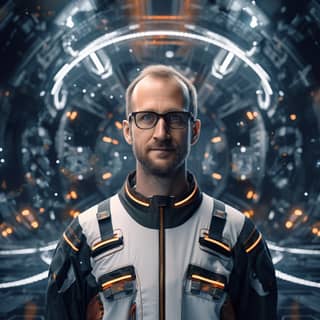 space suit future space station scifi CEO, in a futuristic suit and glasses