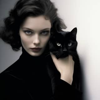 with the black cat in her arms in the style of black and white mastery beautiful women photorealistic eye shiny silk clothes