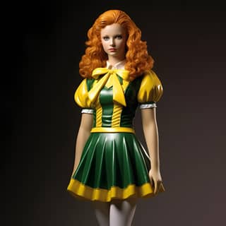 Una statua di una ragazza adolescente in divisa da cheerleader verde e gialla di una scuola superiore dell'Ohio nel 1989.