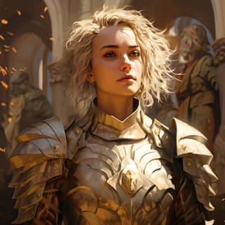 Dungeons and dragons inspired Female paladin in plate mail Golden dragon crested tabard Her helmet in her hand Short blonde