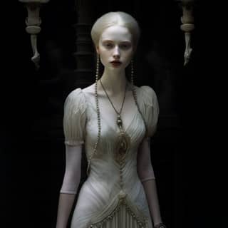 Meticulous detailing Very pale skin, in a white dress standing in front of a chandelier