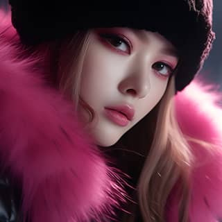 Вид сбоку на девушку из K-pop в черной шляпе и розовом меховом пальто, в меховом наряде и вязаной шапке.