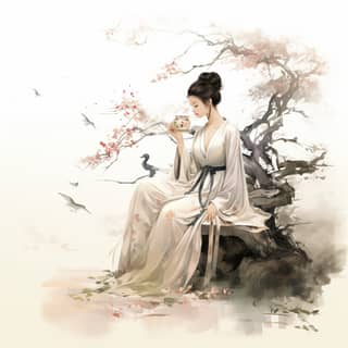 Tang dynasty women in elegant attire contemplative gazes tranquil ambiance poised and serene expressions classic grace muted
