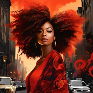 an African American woman her spirit as vibrant and fierce as the color red she adorns She stands confidently in a bustling