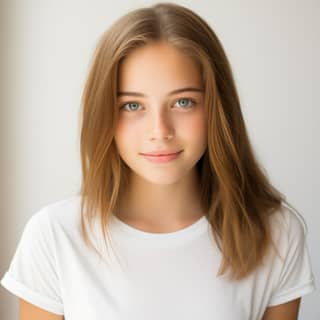 attractive smiling 15 year old caucasian teenager with shoulder - length light brown straight hair blue eyes Natural makeup