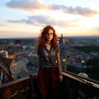 beautiful early 20's bohemian girl loose firey red hair nerdy glasses coy smile intense light blue eyes freckles standing on
