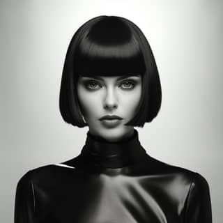 with black hair strict short bob haircut in the style of Peter Lindberg Helmut Newton studio portrait minimalistic Kodak Tri