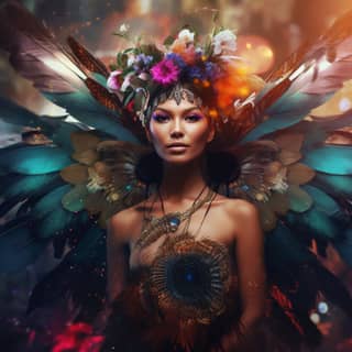 頭上戴着五顏六色的羽毛和花朵的美麗女人，融入美洲土著的影響，在臉上展現出快樂、超現實主義的外觀。