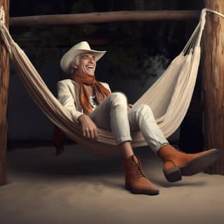 Un uomo più anziano con un cappello da cowboy si siede in un'amaca, sorriso sul viso.