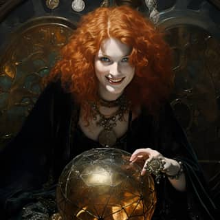 a friendly laughing redhaired witch in elaborate ornate lace robes staring into her chrystal ball in the style of demonic