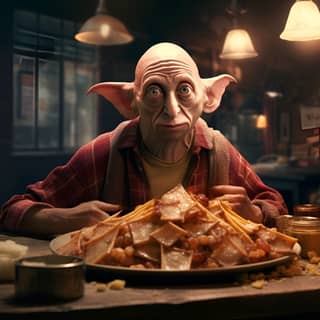 poutine dans le corps de dobby dans harry poter, an old man is sitting at a table with a plate of food